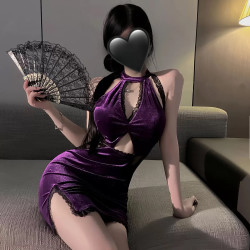 吸管少女 御姐少女感纯欲性感紫色旗袍镂空蕾丝花边开叉挂脖连衣裙睡裙