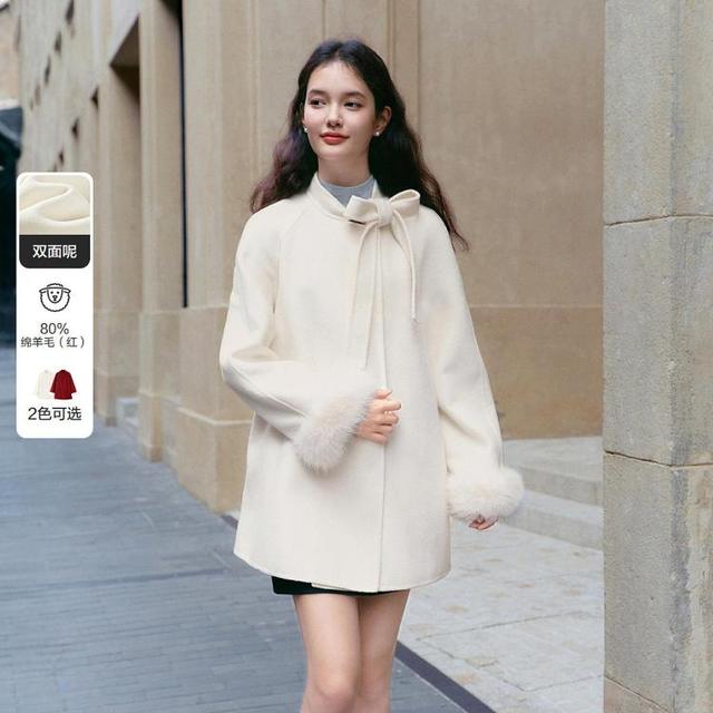 乐町 A摆宽松设计毛呢外套冬季甜美少女大衣