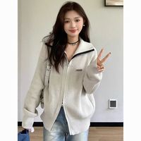 早秋设计感慵懒风灰色针织开衫拉链外套女外搭宽松毛衣长袖上衣女