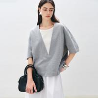 自巧7A抗菌防螨小个子凉感假两件t恤女2025夏季五分袖上衣 绿白拼 M （4码）