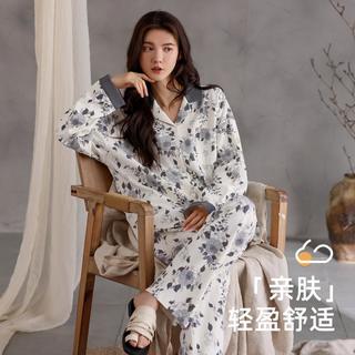 顶瓜瓜 秋冬花卉高级感中式风经典翻领长袖开衫女睡衣家居服套装