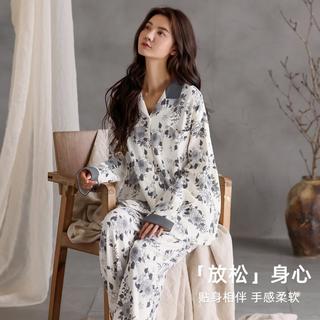 顶瓜瓜 秋冬花卉高级感中式风经典翻领长袖开衫女睡衣家居服套装