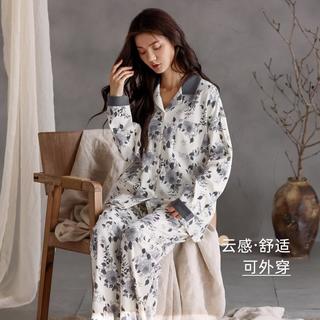 顶瓜瓜 秋冬花卉高级感中式风经典翻领长袖开衫女睡衣家居服套装