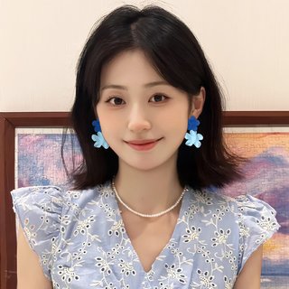 蓝色花朵耳环女清新小众设计高级感耳钉2025独特夏季耳饰