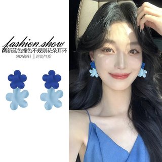 蓝色花朵耳环女清新小众设计高级感耳钉2025独特夏季耳饰