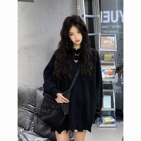 零柒零捌美式复古毛衣女秋冬黑色宽松显瘦针织衫破洞上衣