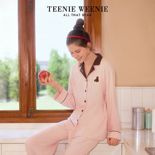 Teenie Weenie小熊睡衣男2025秋季莫代尔长袖家居服套装女 浅粉色 【撞色皇冠|开襟-女】 M 女 115-125斤 | 男110-140斤