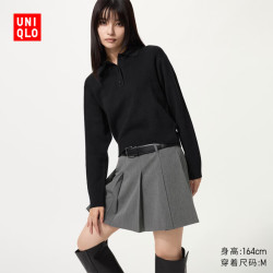 优衣库 女装柔滑棉质POLO领针织衫/毛衣毛衫482971 09 黑色