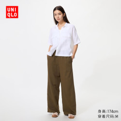 优衣库 女装麻混纺舒适长裤/加长款73cm~75cm休闲裤483904 36 褐色 S