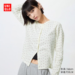 优衣库 女装提花罗纹印花开衫/长袖485717 01 乳白色 XS