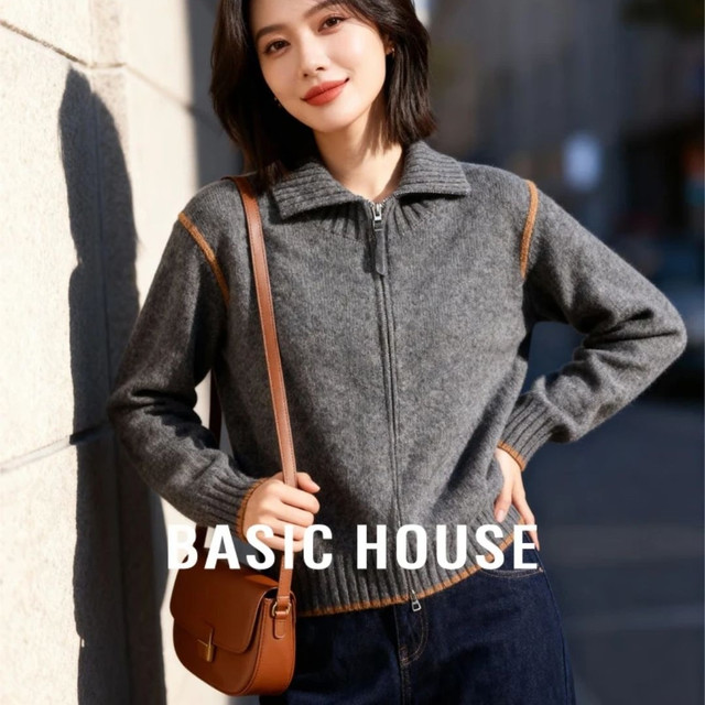 百家好 翻领线条撞色保暖毛衣