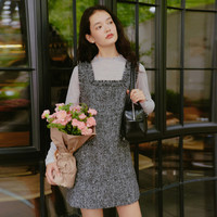 乐町 小香风背心裙千金感U领A字裙亮片毛边设计连衣裙 深灰（现货）