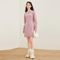 乐町 复古粉色毛衣裙女装冬季新款收腰X版长袖裙圆领内搭连衣裙 绒瑰粉（现货）