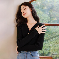 秋水伊人修身气质V领针织衫2025年冬季女显瘦设计感内搭上衣 黑色 M