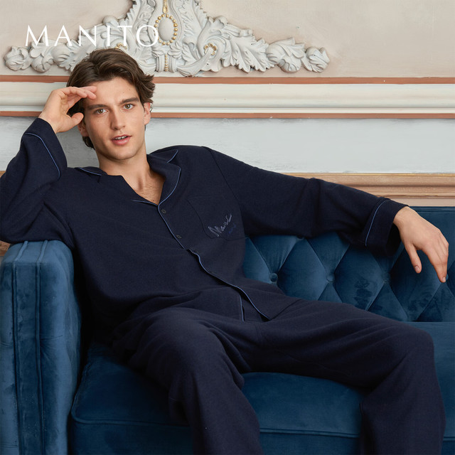 MANITO 曼尼陀 Limerence男士绵羊毛桑蚕丝秋冬保暖家居服套装 深海蓝 M