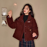 茵曼（INMAN）2025冬季女装复古巴恩风灯芯绒羽绒服立领宽松短款外套 酒红色 M