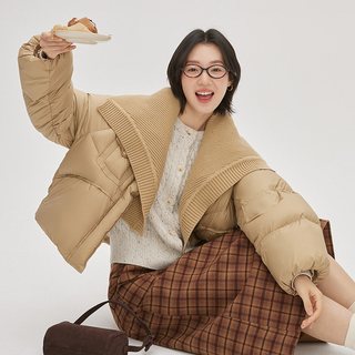 艾莱依短款羽绒服女冬季立领鸭绒可拆卸针织披肩休闲百搭外套