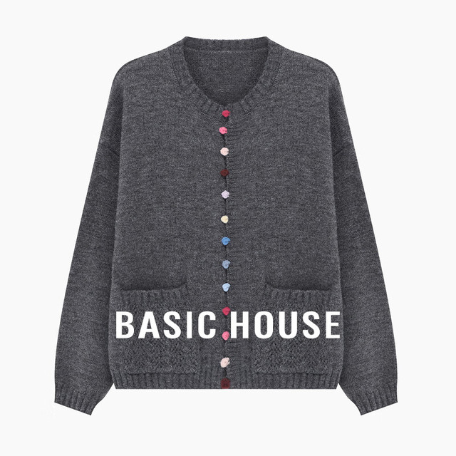 百家好 休闲百搭纯色简约彩扣设计感冬季长袖开衫毛衣 灰色 S