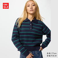 优衣库 女装柔滑棉质POLO领条纹针织衫/毛衣毛衫484503 69 藏青色 S