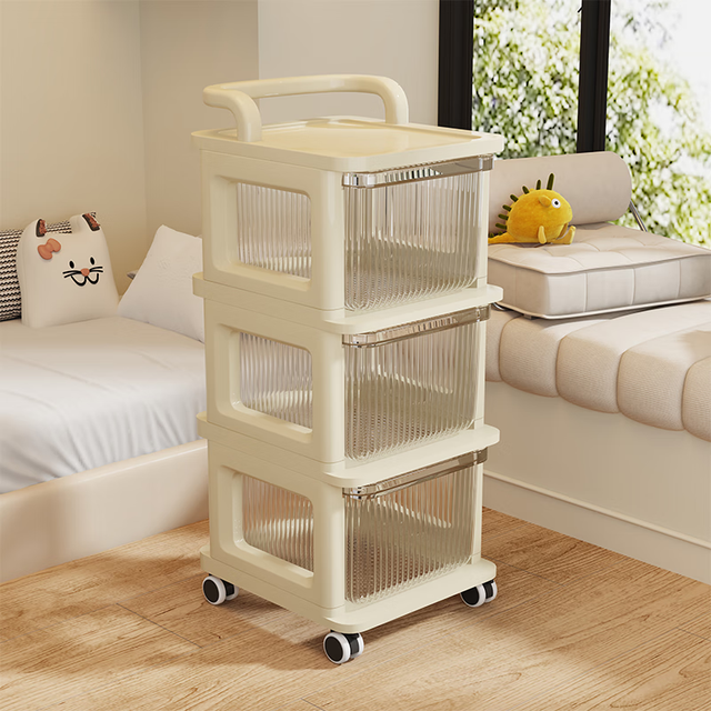 霓峰 小推车置物架落地多层零食收纳 奶油白3层透明抽屉