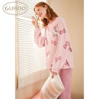 Gukoo/果壳秋冬睡衣女士套装家居服圆领蝴蝶结甜美珊瑚绒外穿
