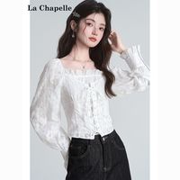 拉夏贝尔方领花边白色系带长袖衬衫女秋气质百搭短款显瘦衬衣上衣