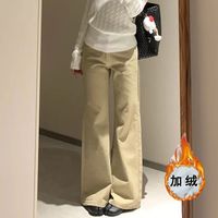 加绒加厚卡其色低腰微喇牛仔裤女冬季2025宽松不贴腿喇叭裤子