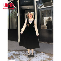 UKMR甜美丝绒连衣裙女2025春微胖大码显瘦气质花苞裙 黑色长款 L 100-115斤