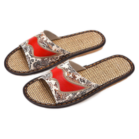 熠牧真皮亚麻居家拖鞋软底男女士夏季防滑软底家用牛皮绣花凉拖鞋 女款富贵红 女款26适合37-38码