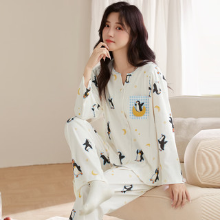 婧麒纯棉月子服带哺乳口秋冬季产后孕妇睡衣哺乳怀孕期家居服套装 白色企鹅