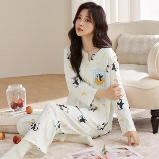 婧麒纯棉月子服带哺乳口秋冬季产后孕妇睡衣哺乳怀孕期家居服套装 白色企鹅