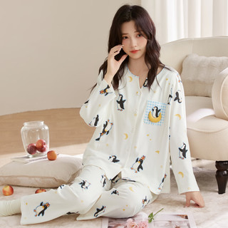 婧麒纯棉月子服带哺乳口秋冬季产后孕妇睡衣哺乳怀孕期家居服套装 白色企鹅