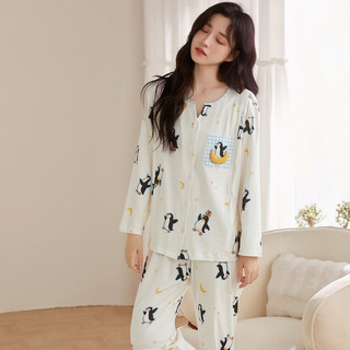 婧麒纯棉月子服带哺乳口秋冬季产后孕妇睡衣哺乳怀孕期家居服套装 白色企鹅