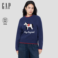 盖璞Gap女装2025冬季新款本命年马年小马提花红色圆领毛针织衫829131 蓝色