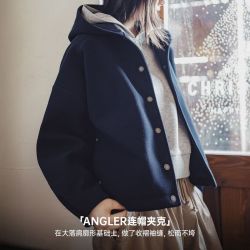 马登 复古藏青色收腰休闲加厚防风连帽毛呢呢子外套开衫上衣女