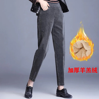 燠阳欧棉绒加绒加厚冬季灯芯绒裤子女高腰中老年裤条休闲直筒裤DM 斜插口袋-灯芯绒-黑色 M （建议80-100斤）