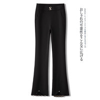 拉夏贝尔 黑色蕾丝拼接松紧腰微喇裤女2025年夏季修身西装裤喇叭裤