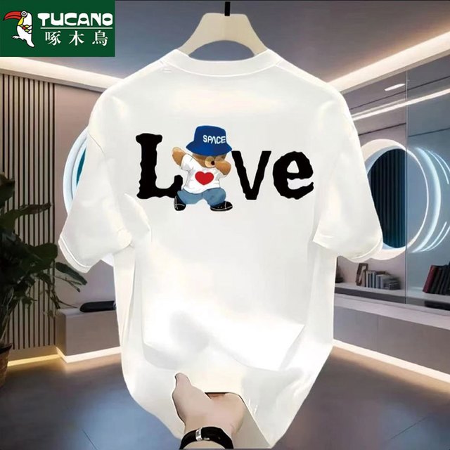 啄木鸟 夏季纯棉短袖t恤男女潮流宽松圆领百搭印花大码半袖百搭T恤