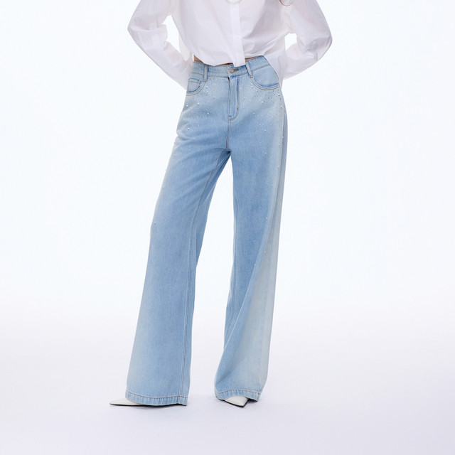 莱茵 朗姿都市摩登烫钻钉珠棉麻牛仔裤子浅雾霾蓝色LDHA1ADPT903