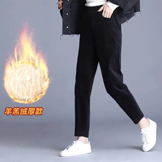燠阳欧棉绒加绒加厚冬季灯芯绒裤子女高腰中老年裤条休闲直筒裤DM 斜插口袋-灯芯绒-黑色 M （建议80-100斤）