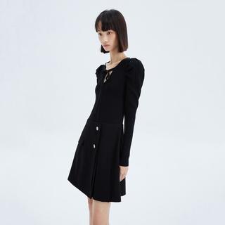 冬季洋气不对称修身针织连衣裙小黑裙