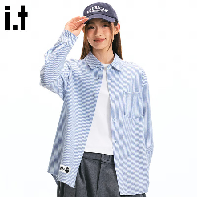 fingercroxx it衬衫男2026春季新款牛津纺条纹衬衣休闲百搭长袖男 蓝白条