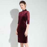 今典 女款春夏丝绒烫钻蕾丝镂空拼接喜婆婆喜礼服旗袍