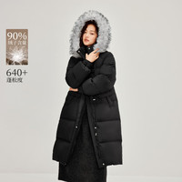 茵曼（INMAN）2025冬季女装可拆连帽毛领长款羽绒服高充绒量鸭绒外套 黑色 XL