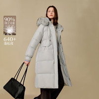 茵曼（INMAN）2025冬季女装可拆连帽毛领长款羽绒服高充绒量鸭绒外套 浅灰色 M