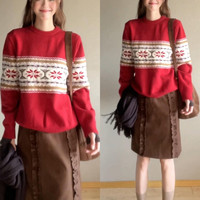 抖音 高级感新年穿搭费尔岛红色毛衣女2025新款秋冬季超好看针织衫上衣