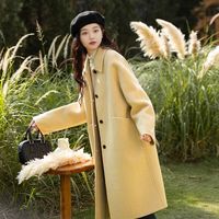 黄色娃娃领双面毛呢大衣女2025秋冬韩版加厚中长款呢外套