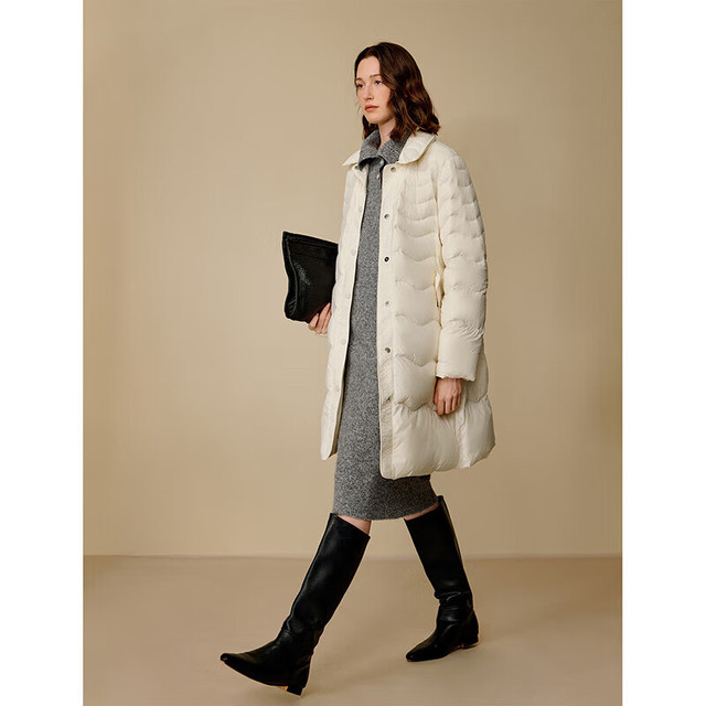 茵曼 2025冬季女装翻领波浪纹羽绒服 米白色 M