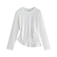 茵曼 设计感抽褶收腰长袖T恤女2026春季时尚荷叶边拼接百搭上衣 珍珠白 S
