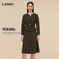 蓝地[商场同款]质感通勤深棕色毛呢假两件连衣裙女2025冬新品 墨绿